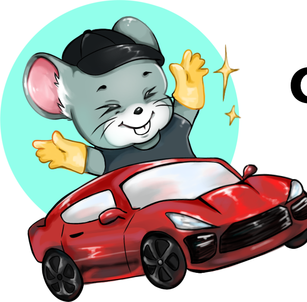 Buster the mouse mascot waving beside a freshly detailed red sports car